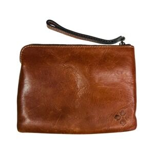 Patricia Nash Brown Leather Wristlet Clutch Zip Pouch Embossed Logo Strap